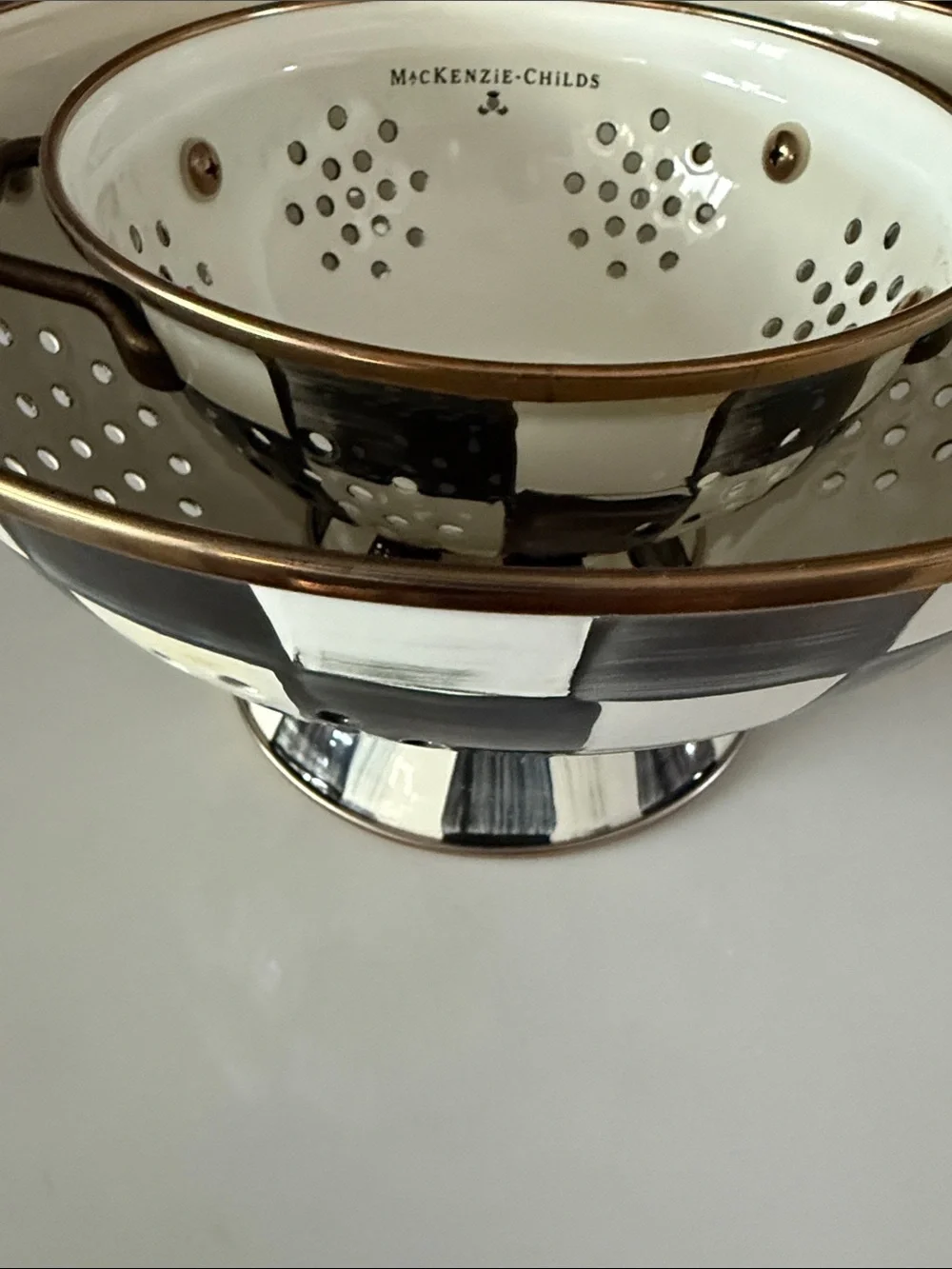 McKenzie Childs Enamel Colanders.Cream with Bronze Trim. Set of 2 Pieces Bk & Wh